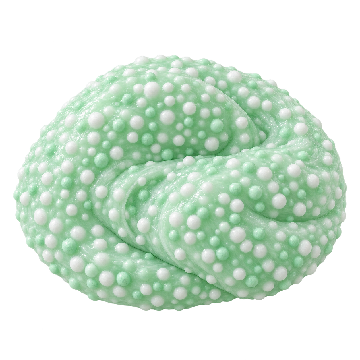 Illustrated mint Crunchy slime filled with tiny white and mint foam beads