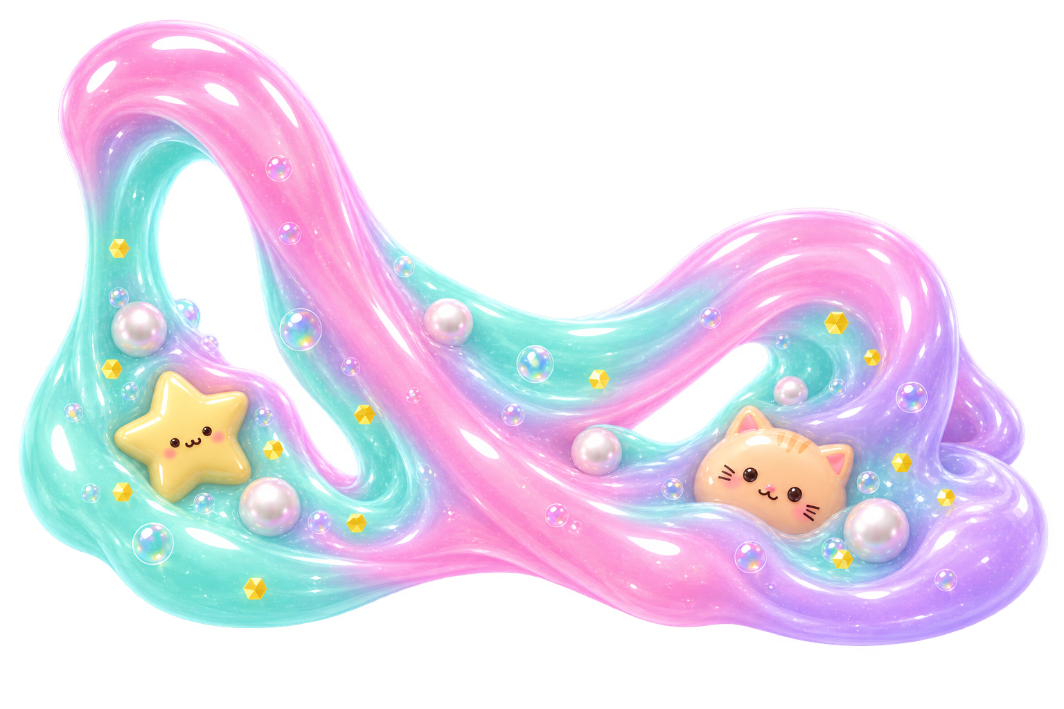 A big glossy swirl of pink, mint, and purple slime, full of glitter and tiny smiling charms