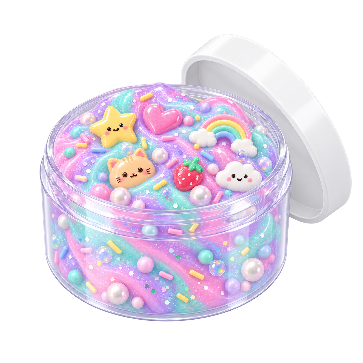 Illustration of a clear tub filled with pink, lilac, and mint slime, little charms, rainbow sprinkles, and beads